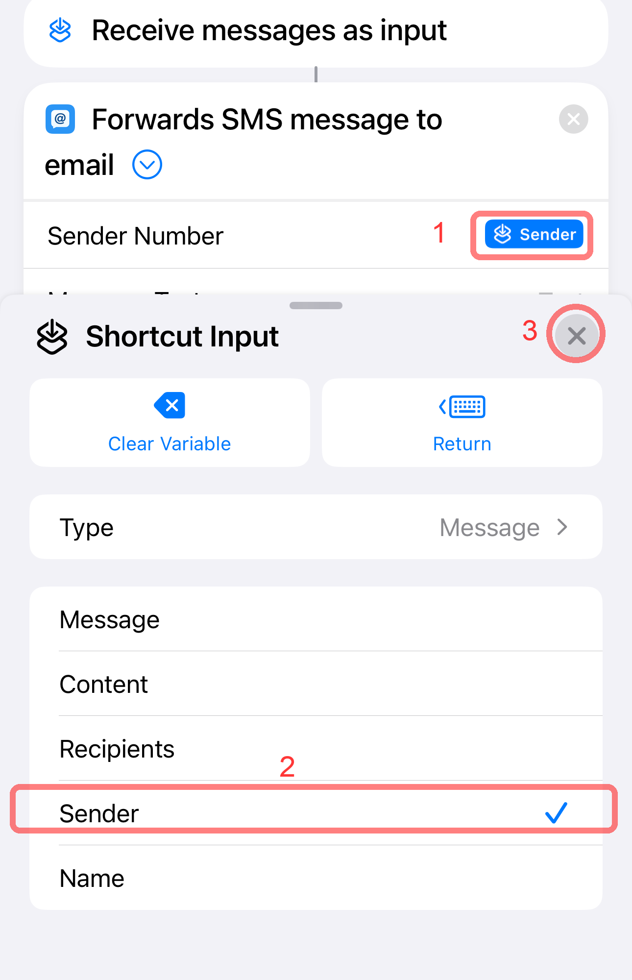 Set the Shortcut Input property to Sender