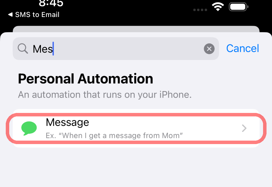 Select Message trigger in Shortcuts