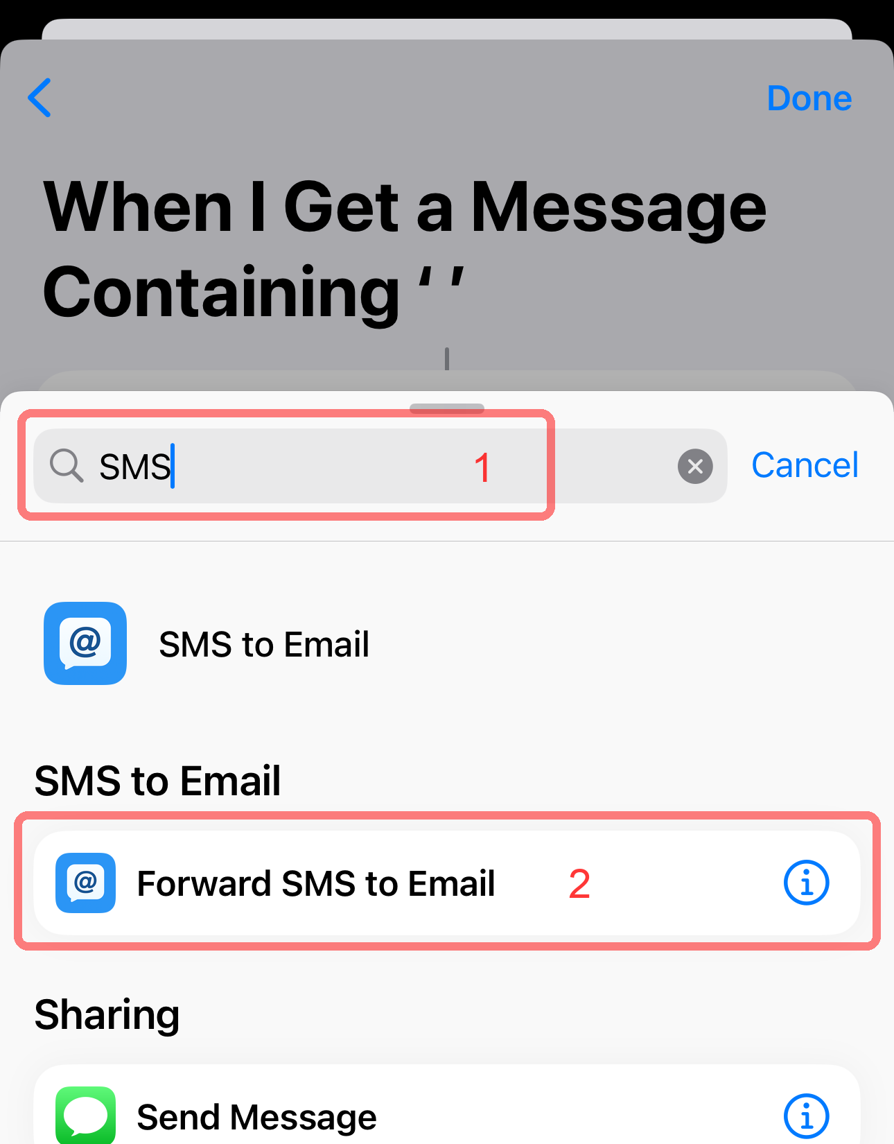 Search for and select the Forward SMS to Email action